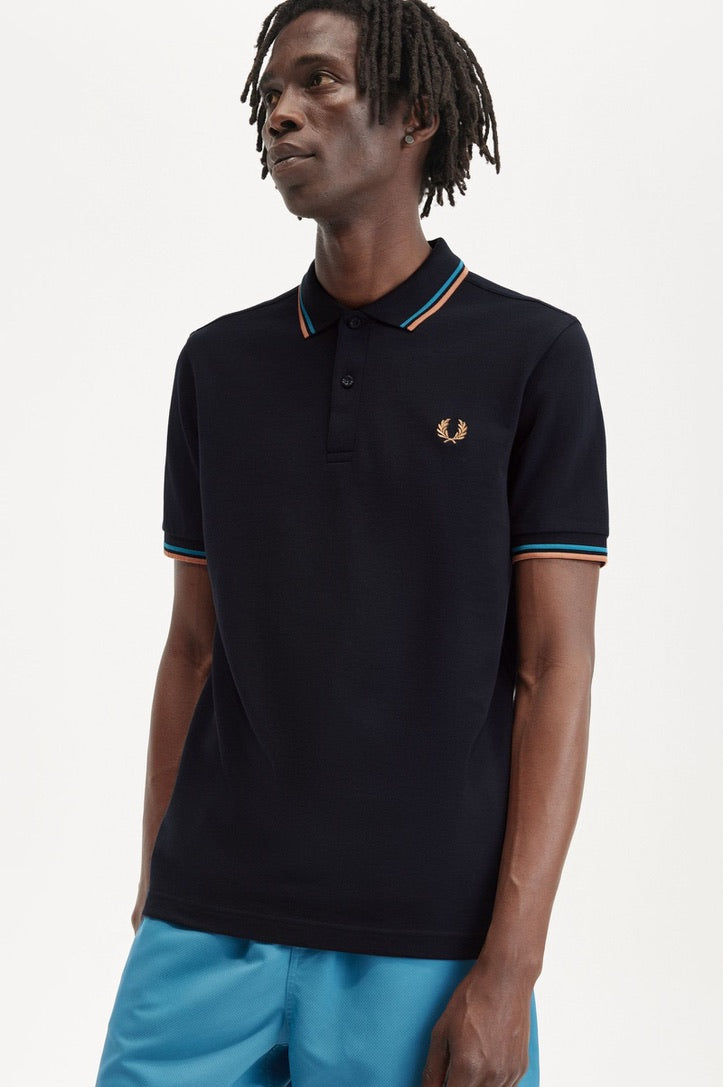 Fred Perry Twin Tipped Polo Shirt Navy Cyber Blue Light Rust Spiders Whitby